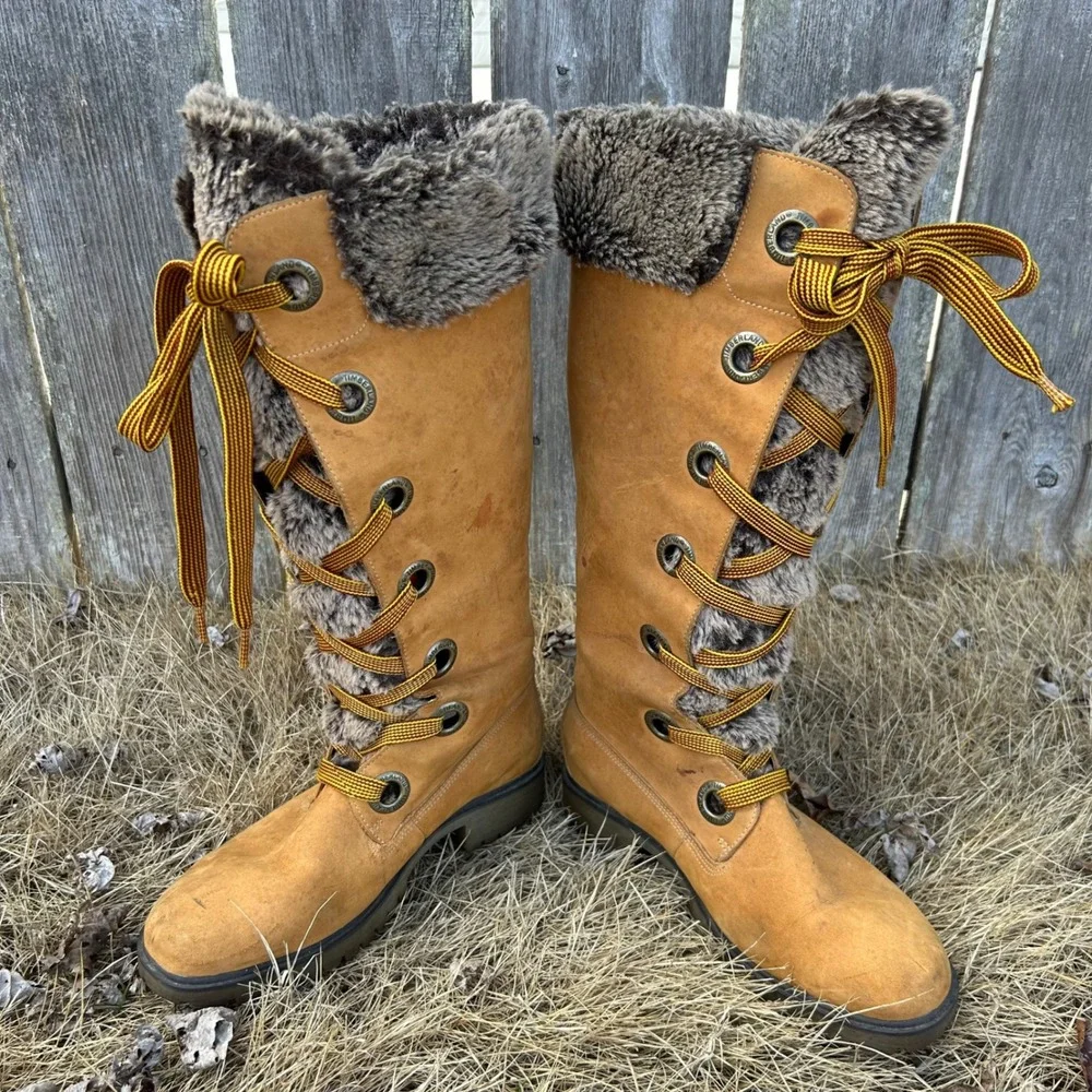 Timberland Wheat Nubuck Faux Fur Tall Lace Up Winter Boots‎ 91335 Womens 8.5 M